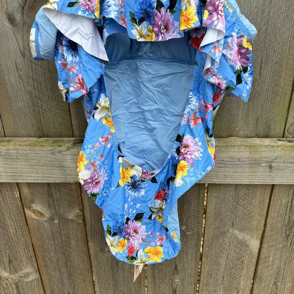Nanette Lepore Swimsuit One Piece Floral Ruffle Blue Medium NWT Beach Vacation - Picture 7 of 9